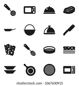 Flat vector icon set - camping cauldron vector, pan, skimmer, knife, plates, sieve, dish, steak, breads, microwave oven
