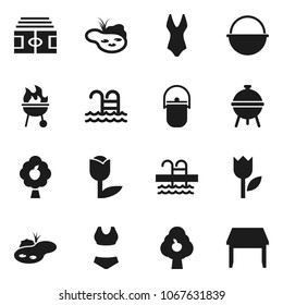 Flat vector icon set - camping cauldron vector, bbq, stadium, swimsuit, pool, tulip, pond, fruit tree, table