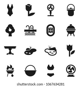 Flat vector icon set - camping cauldron vector, bbq, swimsuit, pool, stadium, tulip, pond, fruit tree, table, fan