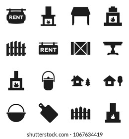 Flat vector icon set - camping cauldron vector, cutting board, wood box, chalet, fence, rent signboard, table, fireplace