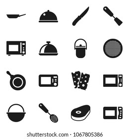 Flat vector icon set - camping cauldron vector, pan, skimmer, spatula, knife, microwave oven, sieve, dish, steak, breads