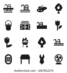 Flat vector icon set - camping cauldron vector, bbq, stadium, swimsuite, pool, tulip, pond, fruit tree, table, fan