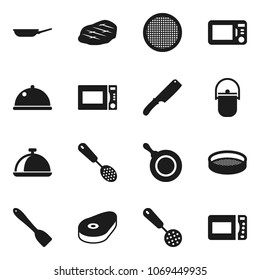 Flat vector icon set - camping cauldron vector, pan, skimmer, spatula, knife, microwave oven, sieve, dish, steak