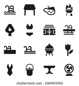 Flat vector icon set - camping cauldron vector, bbq, stadium, swimsuite, pool, tulip, pond, fruit tree, table, fan