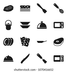 Flat vector icon set - camping cauldron vector, pan, skimmer, spatula, knife, plates, dish, steak, breads, microwave oven