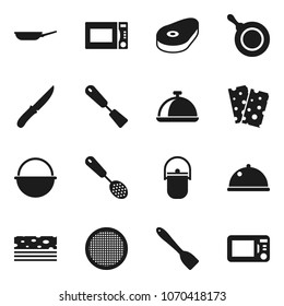 Flat vector icon set - camping cauldron vector, pan, skimmer, spatula, knife, microwave oven, sieve, dish, steak, breads