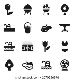 Flat vector icon set - camping cauldron vector, bbq, stadium, swimsuite, pool, tulip, pond, fruit tree, table, fan