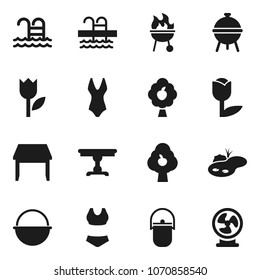 Flat vector icon set - camping cauldron vector, bbq, swimsuite, pool, tulip, pond, fruit tree, table, fan