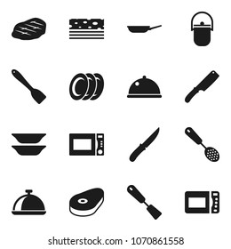 Flat vector icon set - camping cauldron vector, pan, skimmer, spatula, knife, microwave oven, plates, dish, steak, breads