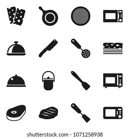 Flat vector icon set - camping cauldron vector, pan, skimmer, spatula, knife, microwave oven, sieve, dish, steak, breads