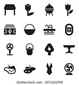 Flat vector icon set - camping cauldron vector, bbq, stadium, swimsuite, pool, tulip, pond, fruit tree, table, fan