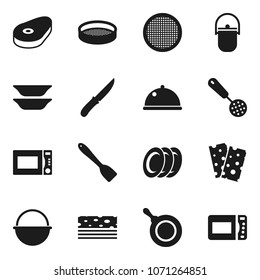 Flat vector icon set - camping cauldron vector, pan, skimmer, spatula, knife, microwave oven, plates, sieve, dish, steak, breads