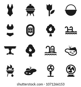 Flat vector icon set - camping cauldron vector, bbq, swimsuite, pool, stadium, tulip, pond, fruit tree, table, fan