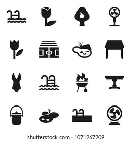Flat vector icon set - camping cauldron vector, bbq, stadium, swimsuite, pool, tulip, pond, fruit tree, table, fan
