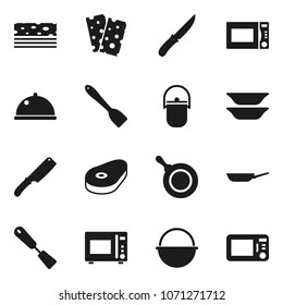 Flat vector icon set - camping cauldron vector, pan, spatula, knife, microwave oven, plates, dish, steak, breads