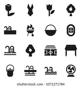 Flat vector icon set - camping cauldron vector, bbq, stadium, swimsuite, pool, tulip, fruit tree, table, fan