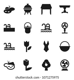 Flat vector icon set - camping cauldron vector, bbq, swimsuite, pool, tulip, pond, fruit tree, table, fan
