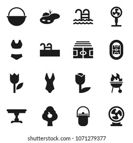 Flat vector icon set - camping cauldron vector, bbq, stadium, swimsuite, pool, tulip, pond, fruit tree, table, fan