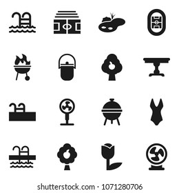 Flat vector icon set - camping cauldron vector, bbq, stadium, swimsuite, pool, tulip, pond, fruit tree, table, fan