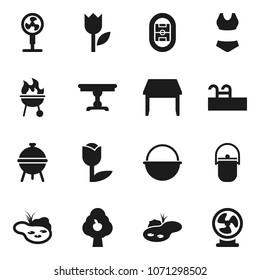 Flat vector icon set - camping cauldron vector, bbq, swimsuite, stadium, tulip, pond, pool, fruit tree, table, fan