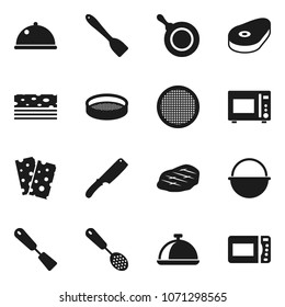 Flat vector icon set - camping cauldron vector, pan, skimmer, spatula, knife, microwave oven, sieve, dish, steak, breads