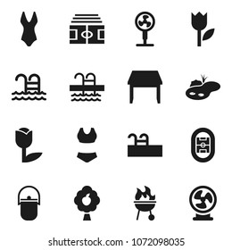 Flat vector icon set - camping cauldron vector, bbq, stadium, swimsuite, pool, tulip, pond, fruit tree, table, fan