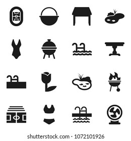Flat vector icon set - camping cauldron vector, bbq, stadium, swimsuite, pool, tulip, pond, table, fan