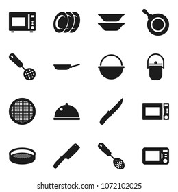 Flat vector icon set - camping cauldron vector, pan, skimmer, knife, microwave oven, plates, sieve, dish