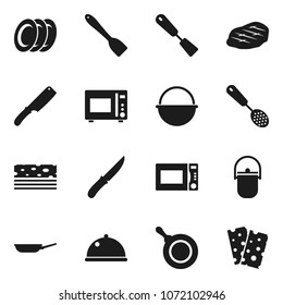 Flat vector icon set - camping cauldron vector, pan, skimmer, spatula, knife, microwave oven, plates, dish, steak, breads