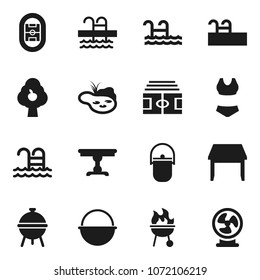 Flat vector icon set - camping cauldron vector, bbq, stadium, swimsuite, pool, pond, fruit tree, table, fan