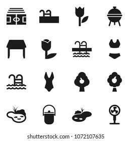 Flat vector icon set - camping cauldron vector, bbq, stadium, swimsuite, pool, tulip, pond, fruit tree, table, fan