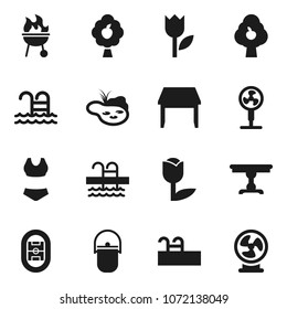 Flat vector icon set - camping cauldron vector, bbq, swimsuite, pool, stadium, tulip, pond, fruit tree, table, fan
