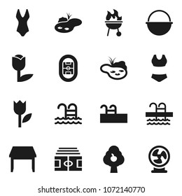 Flat vector icon set - camping cauldron vector, bbq, stadium, swimsuite, pool, tulip, pond, fruit tree, table, fan