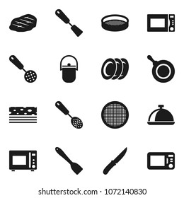 Flat vector icon set - camping cauldron vector, pan, skimmer, spatula, knife, microwave oven, plates, sieve, dish, steak, breads