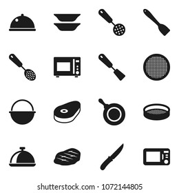 Flat vector icon set - camping cauldron vector, pan, skimmer, spatula, knife, microwave oven, plates, sieve, dish, steak