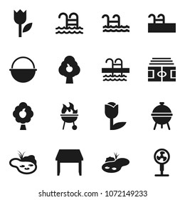Flat vector icon set - camping cauldron vector, bbq, stadium, pool, tulip, pond, fruit tree, table, fan