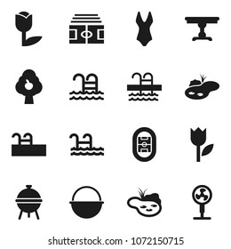 Flat vector icon set - camping cauldron vector, bbq, stadium, swimsuite, pool, tulip, pond, fruit tree, table, fan