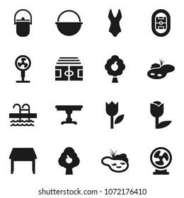 Flat vector icon set - camping cauldron vector, stadium, swimsuite, pool, tulip, pond, fruit tree, table, fan