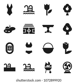 Flat vector icon set - camping cauldron vector, bbq, stadium, swimsuite, pool, tulip, pond, fruit tree, table, fan