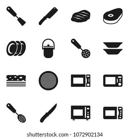 Flat vector icon set - camping cauldron vector, skimmer, spatula, knife, microwave oven, plates, sieve, steak, breads