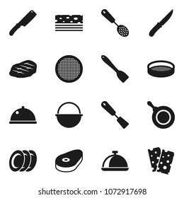 Flat vector icon set - camping cauldron vector, pan, skimmer, spatula, knife, plates, sieve, dish, steak, breads