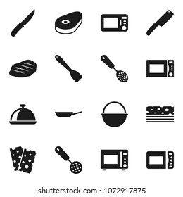 Flat vector icon set - camping cauldron vector, pan, skimmer, spatula, knife, microwave oven, dish, steak, breads