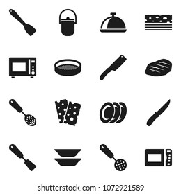 Flat vector icon set - camping cauldron vector, skimmer, spatula, knife, microwave oven, plates, sieve, dish, steak, breads