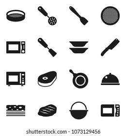 Flat vector icon set - camping cauldron vector, pan, skimmer, spatula, knife, microwave oven, plates, sieve, dish, steak, breads