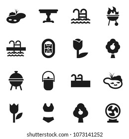 Flat vector icon set - camping cauldron vector, bbq, swimsuite, pool, stadium, tulip, pond, fruit tree, table, fan