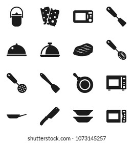 Flat vector icon set - camping cauldron vector, pan, skimmer, spatula, knife, microwave oven, plates, dish, steak, breads