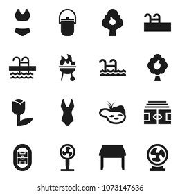 Flat vector icon set - camping cauldron vector, bbq, stadium, swimsuite, pool, tulip, pond, fruit tree, table, fan