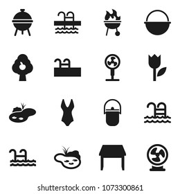 Flat vector icon set - camping cauldron vector, bbq, swimsuite, pool, tulip, pond, fruit tree, table, fan