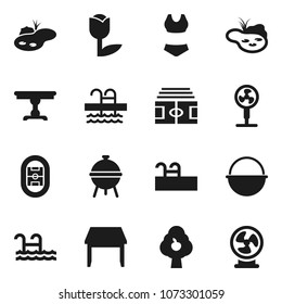 Flat vector icon set - camping cauldron vector, bbq, stadium, swimsuite, pool, tulip, pond, fruit tree, table, fan