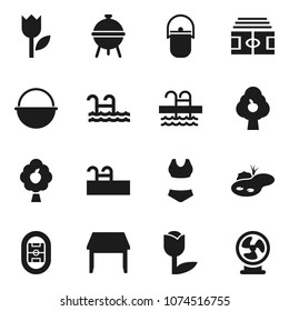 Flat vector icon set - camping cauldron vector, bbq, stadium, swimsuite, pool, tulip, pond, fruit tree, table, fan